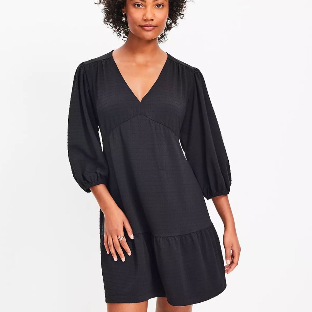 ✨ Ann Taylor Loft Black Jacquard Balloon Sleeve V-Neck Dress – Only Worn Once! ✨